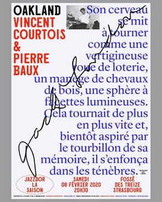 a poster with the words written in french and english, including an image of a man's face