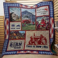 this is how i roll quilt with pictures of tractors and farm equipment on it,