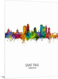 a city skyline with the name saint paul minnesota painted in watercolor on a white background