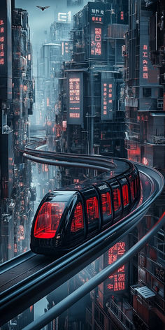 a train traveling through a city with tall buildings on either side and red lights at the top