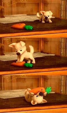 three shelves with stuffed animals on them and carrots in the middle one is white