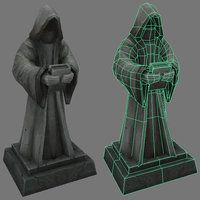 three different angles of a statue, one with a hood and the other with a gloved hand