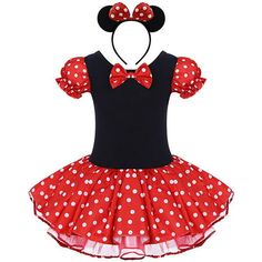 a minnie mouse costume with red and white polka dots on the skirt, headband and ears