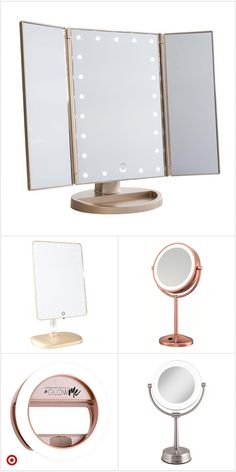 there are many different types of mirrors and lights on this page, including one for the mirror