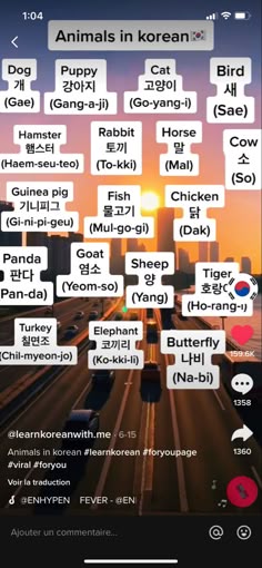 an iphone screen with the words animals in korean and english