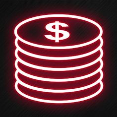 a stack of coins with a dollar sign on it in red neon light against a black background