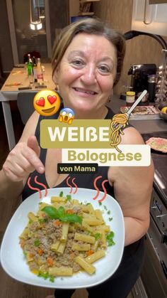 a woman holding a plate of food with words above it that say we are bolognaese