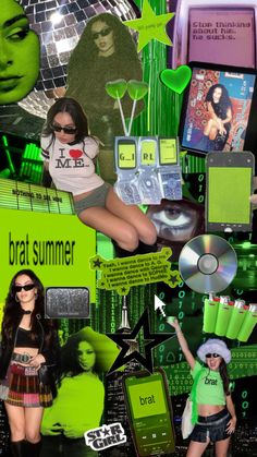 a collage of photos with green and black colors, including the words brat summer