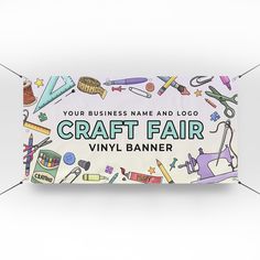 a pillow with the words craft fair on it and various items around it, including scissors