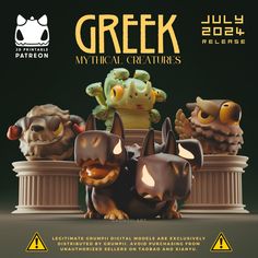 the poster for greek mythical creatures is shown in front of an image of three monsters