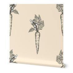 a wallpaper with carrots and flowers on the side, against a beige background