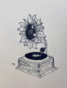 a drawing of a record player with a sunflower on it's head sitting on top of a stack of books