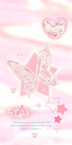 a pink background with some stars and a butterfly on it's back side, as well as the words stop