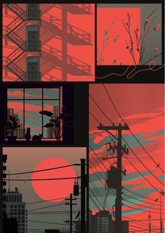 four different images of power lines and buildings at sunset or sunrise, with the sun setting behind them