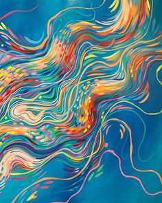 an abstract painting with multicolored lines on blue background