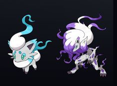 two different types of pokemon on black and white background, one has purple hair and the other has blue eyes