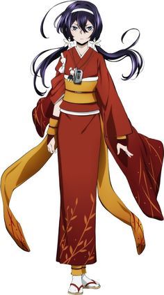 an anime character with long hair wearing a red and yellow kimono holding a camera