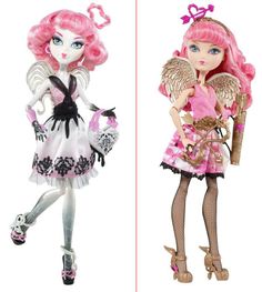 two dolls are shown side by side, one in pink and the other in white