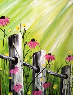 a painting of pink and yellow flowers on a green field behind a wooden fence with metal posts