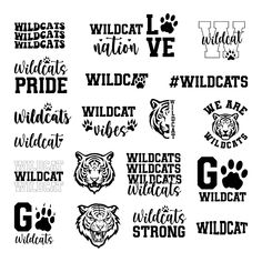 the wildcats and tigers logos are shown in black and white, with different font styles