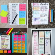 four different types of sticky notes on a table with markers and pens in each one