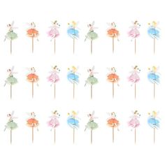 a group of fairy tinkers sitting on top of toothpicks in different colors