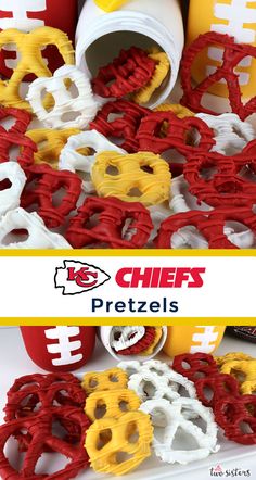 some red white and yellow plastic objects are on the ground with words chiefs pretzels