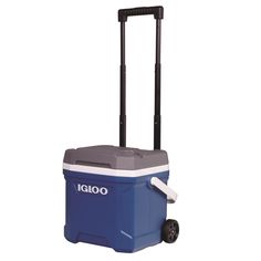 a blue and gray cooler with wheels