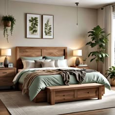 a bedroom with a bed, nightstands and plants on the wall above it in front of a window