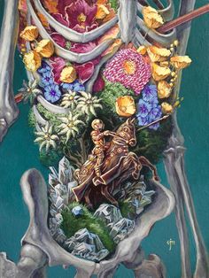 a painting of a skeleton with flowers on it