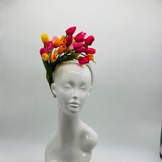 Handmade by Featured Milliner of The Kentucky Derby Museum 2023 & 2024! Spring has sprung! This is the perfect spring piece! Beautiful red, yellow and pink tulips with pops of green.  Attaches with headband.  Not taking customs this year--Derby 150 is going to be massive and mom life keeps me running! However, happy to suggest pieces that will coordinate with your outfit. If you don't love the way this attaches to your head--message me!  I can swtich *most* pieces to your preference. Clip, Headb Head Message, Clip Headband, Headpiece Diy, Derby Fascinator, Art Jewelry Design, Kentucky Derby Hats, Kentucky Derby Hat, Figure Art, Derby Hat