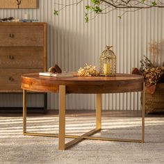 a coffee table with a birdcage on top