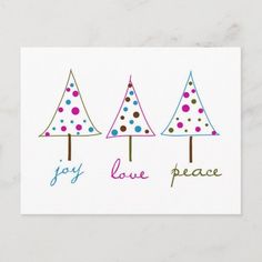 three trees with dots on them and the words joy, love, peace in different colors