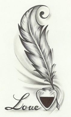 a black and white drawing of a feather with the word love written on it's side