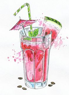 a watercolor drawing of a pink drink with an umbrella and mint garnish