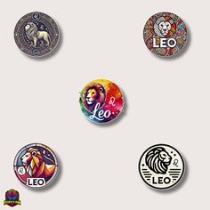 the leo zodiac signs are depicted in this set of six badges, each with their own astrological symbol