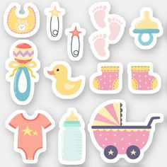 baby shower stickers are arranged in different shapes and sizes, including ones that have their own bodysuits