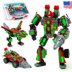 the toy is designed to look like a robot with green, red and black colors