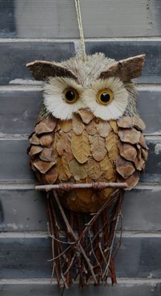 an owl is hanging on the side of a building with leaves and twigs around it