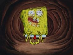 an animated spongebob character sitting in front of a wooden background with eyes and mouth wide open