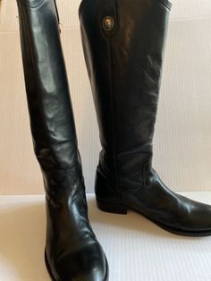 "Tall FRYE riding boots, great condition, no scuffs, scratches or discoloration.  Leg measure 16\", leather soles, 1\" heel.  smoke Free, inquiries Welcome" Classic Round Toe Knee-high Boots For Formal Occasions, Classic Knee-high Boots With Round Toe For Formal Occasions, Classic Knee-high Boots With Leather Sole And Almond Toe, Classic Wide Calf Boots With Leather Sole, Knee-high Boots With Leather Sole For Business, Classic Riding Boots With Leather Sole, Classic Knee-high Boots With Leather Sole For Riding, Classic Wide Calf Knee-high Boots For Riding, Riding Boots With Leather Lining And Snip Toe