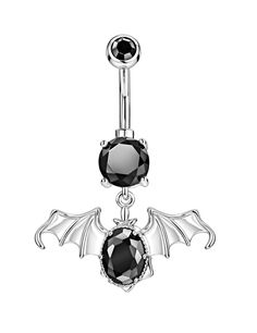 a black and white dragon belly ring with an oval stone in the center, hanging from a