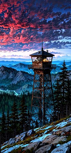 a painting of a tower on top of a mountain