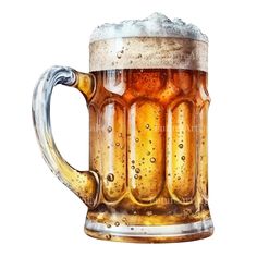 a beer mug filled with foamy liquid on top of a white background and water droplets