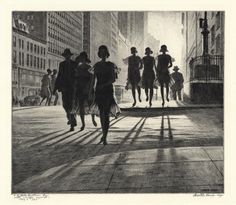 an old drawing of people walking down the street