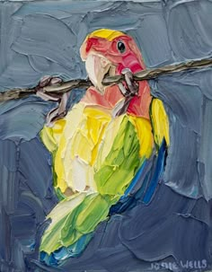 a painting of a colorful bird holding a stick