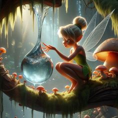 a fairy sitting on a tree branch next to a vase filled with water and mushrooms