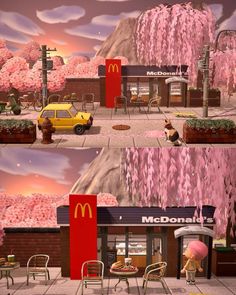 mcdonald's restaurant with pink trees in the background and yellow car parked on the street