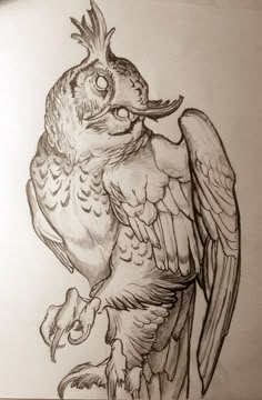 a drawing of a bird sitting on top of a tree branch with its beak in it's mouth