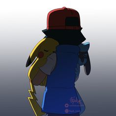 the back view of a cartoon character wearing a hat and holding a stuffed animal in his arms